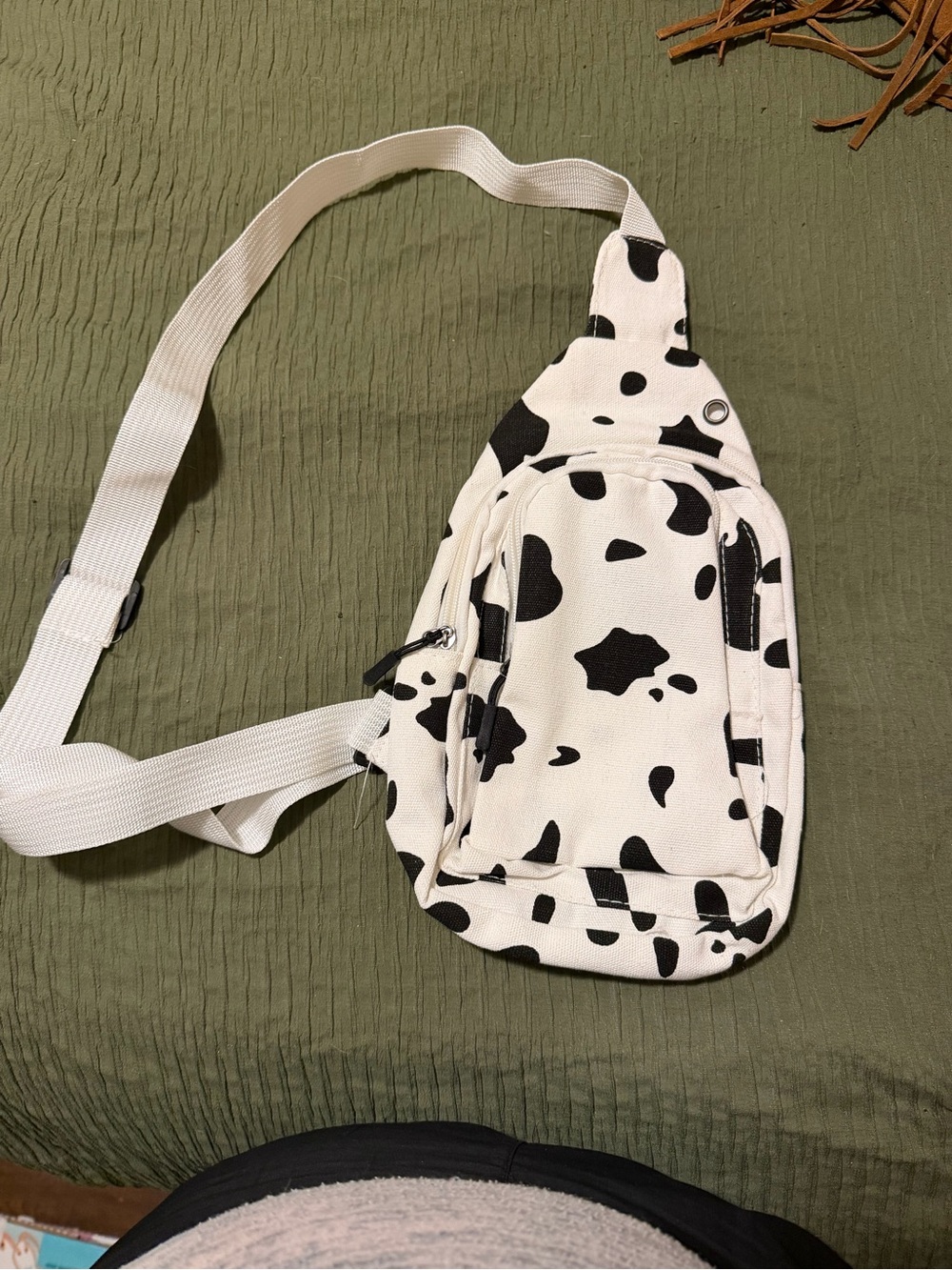 Cow Print Crossbody Sling Bag - White and Black